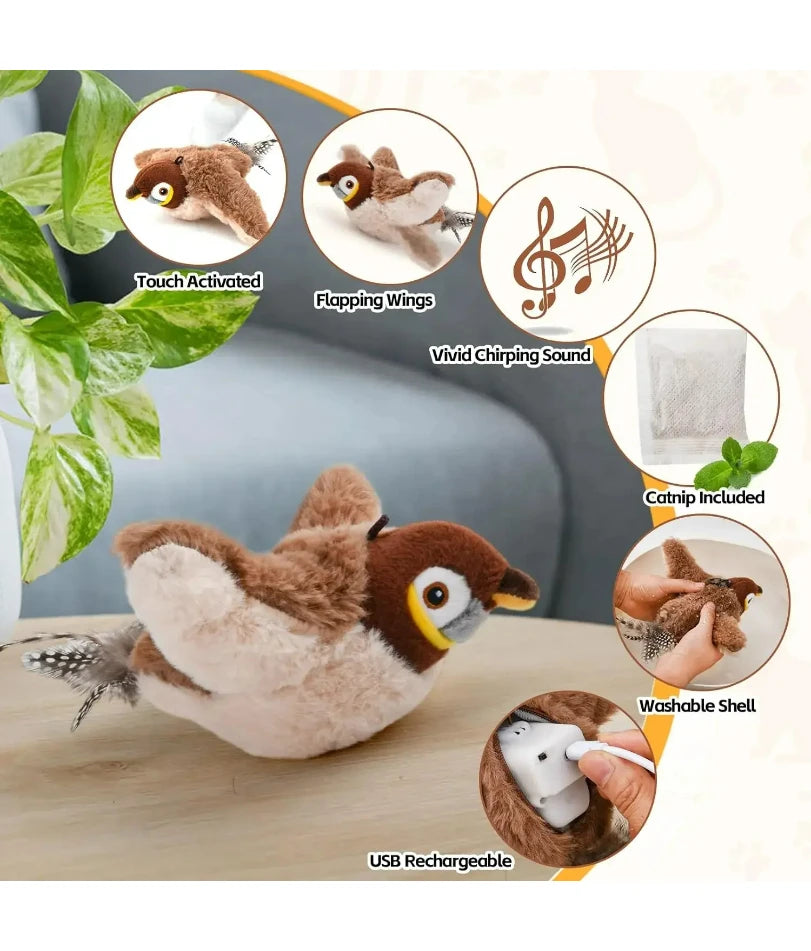 Flapping Bird Cat Toy | Touch-Activated | Rechargeable | Add Catnip | Chirping Sound