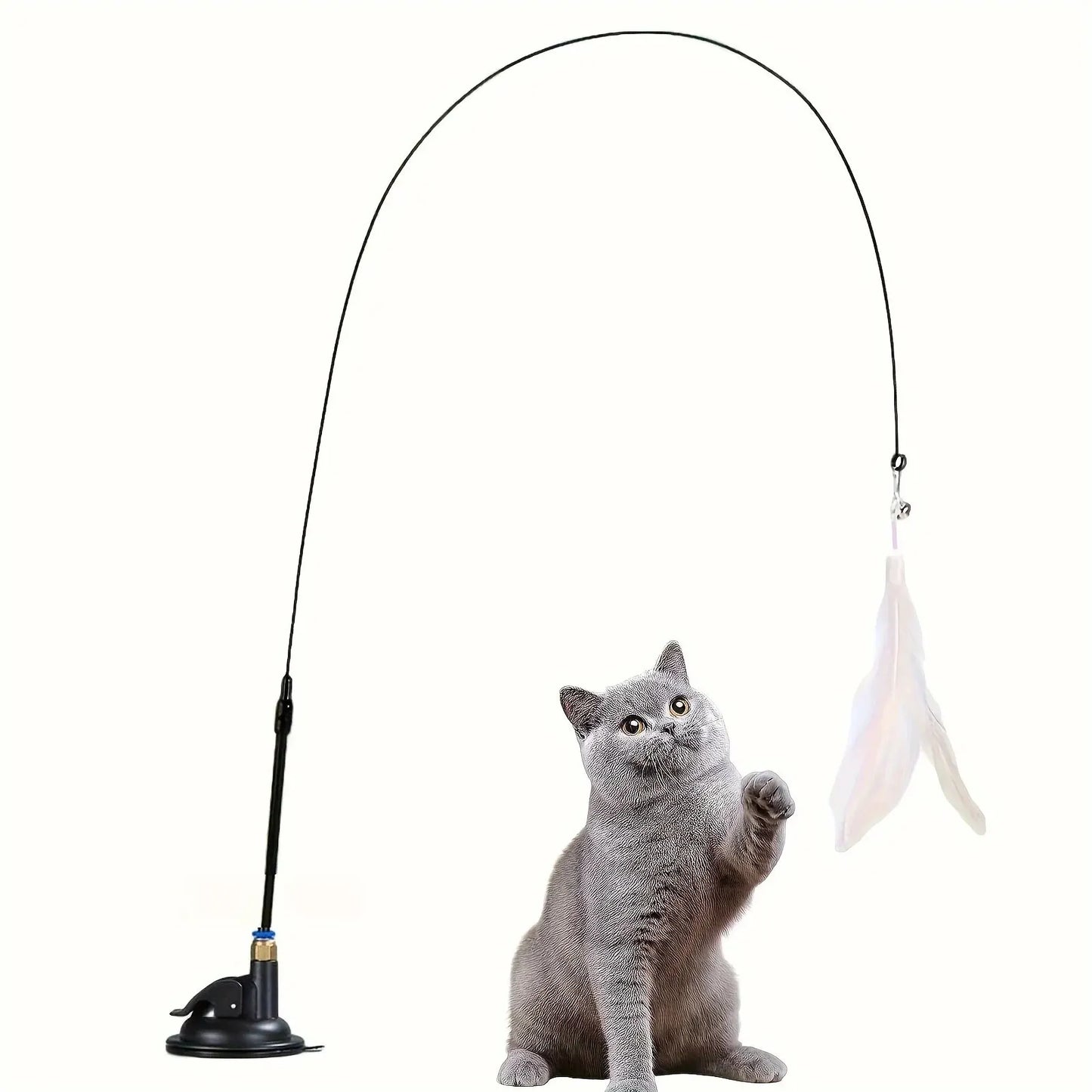 猫じゃらし - インタラクティブなベルと羽のついた棒 - エキサイティングな遊びの冒険のための長い吸盤ポール - 究極の猫のおもちゃ
