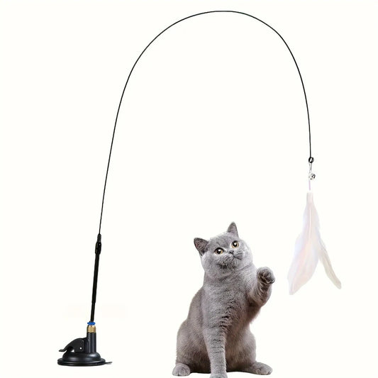 猫じゃらし 鈴＆羽根付き 伸縮ロングポール（吸盤固定・壁/床/窓に設置OK）