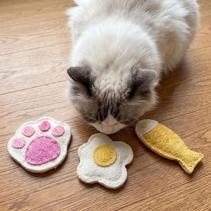 天然ヘチマ 猫の歯みがきおもちゃ 3個セット（目玉焼き・肉球・おさかな）